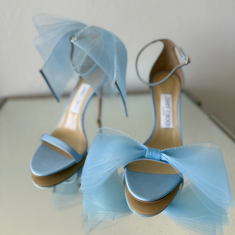 New Jimmy Choo Blue Aveline 100 Bow-trimmed Sandals $1,195 37.5 - Picture 13 of 13